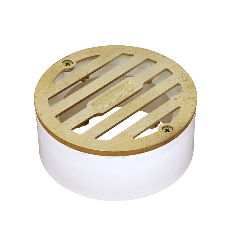 NDS 909B*, 3-Inch Round Grate with Collar, Connects to 2-Inch Drain Pipe and 3-Inch Drain Fittings, for Small Lawns, Landscaping and Patios, White Plastic and Satin Brass - Image 1